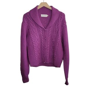 Vintage L.L. Bean Wool Magenta Cable Knit Shawl Collar Cardigan Sweater Size 40